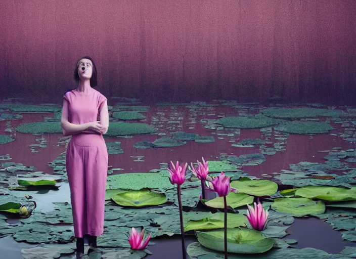 Image similar to cinematic mid shot of a high detail, woman's face looking off camera. fine facial features. she stands in an empty, pastel colourful 3 d, water lilly swamp, by jeffrey smart and gregory crewdson and edward hopper, inspired by the grand budapest hotel