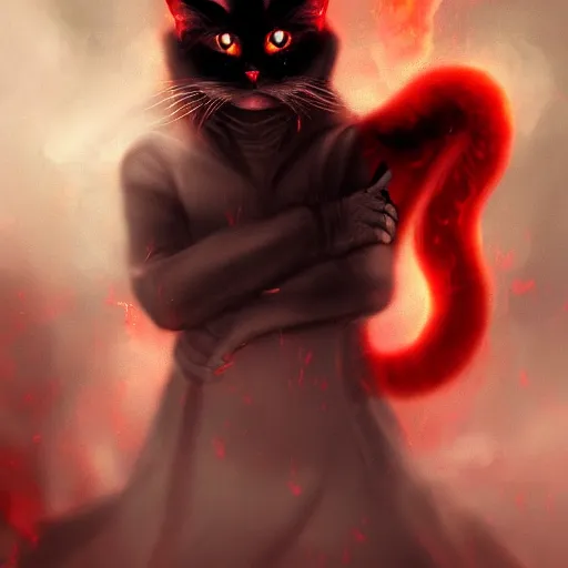 Image similar to fantasy portrait devil cat with red eyes looking towards camera and smoke in background, high detail, digital art, beautiful , concept art,fantasy art, 4k