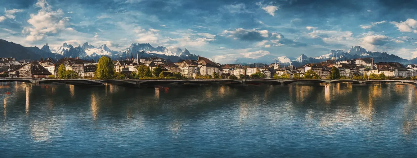 Image similar to Digital painting of Zurich, Limmat and the lake, wide angle, volumetric light, caribean water, hyperdetailed, Alps in the background, artstation, cgsociety, 8k