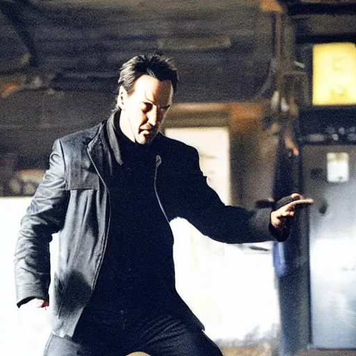 Image similar to movie still of keanu Reeves fighting Jack Bauer