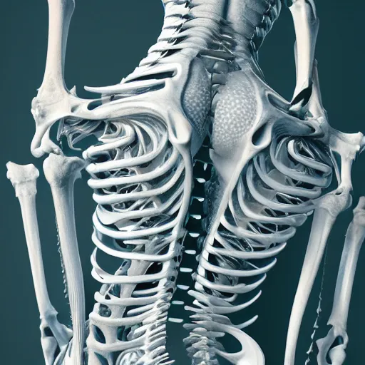Prompt: beautiful scene of a detailed and intricate design of the back of full woman body wrapped in bones, real, studio shot, dynamic lighting, great finesse organic hyper detailed, engineering blueprints, technical drawings, calculus, stained paper, hyperrealistic, ultra detailed, 4K, octane render, unreal engine