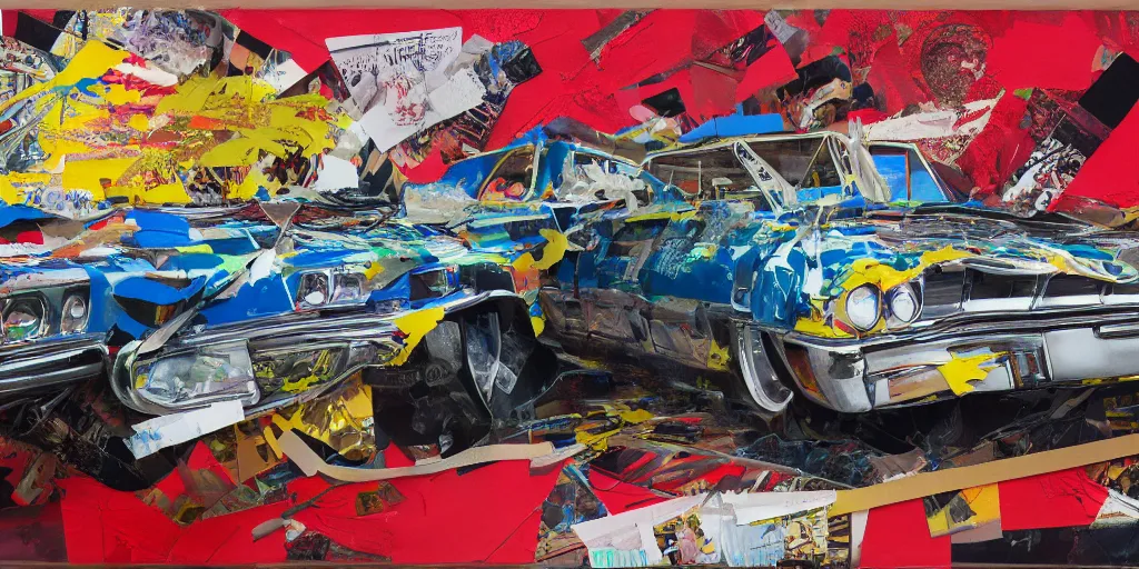 Image similar to lowrider crash test, collage paper and tape, acrylic on canvas, hyperrealism mixed with expressionism, high resolution, cinematic, unreal 6 breathtaking detailed, by blake neubert, by matt sesow