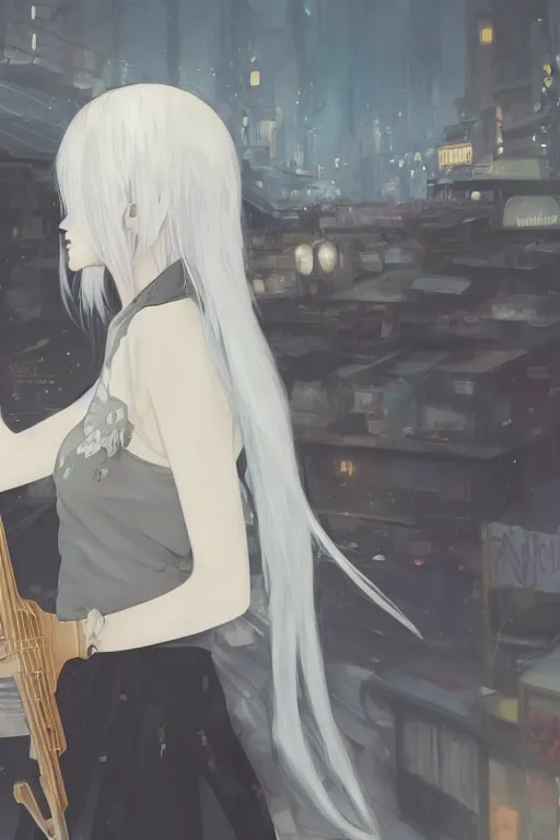 Image similar to a white haired girl with a guitar on her back shopping at a convenience store at night, grey and dark theme, s line, 4 5 angel by krenz cushart and mucha and makoto shinkai and akihito yoshida and greg rutkowski, nier : automata inspired, 4 k resolution