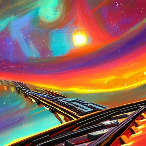 Prompt: train tracks going to space in the distance, vibrant colors, by noah bradley