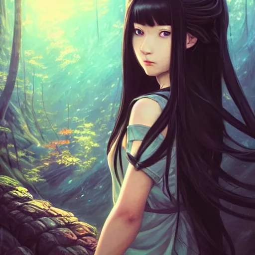 Prompt: a beautiful girl with long dark hair, wearing a ninja uniform, forest background, fantasy, intricate, highly detailed, digital painting, artstation, official media, anime key visual, concept art, rich vivid colors, ambient lighting, sharp focus, illustration, art by Artgerm, Makoto Shinkai, Ilya Kuvshinov, Lois Van Baarle, and Rossdraws