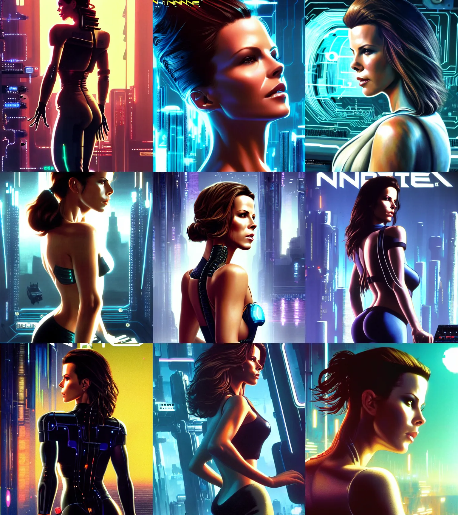 Prompt: cable plugged in, side of head, kate beckinsale as very very beautiful woman, cyberdeck computer terminal, netrunner, 1 9 7 9 omni magazine cover, style by vincent di fate, cyberpunk 2 0 7 7, very coherent, detailed, 4 k resolution, unreal engine, daz