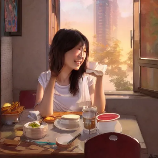 Image similar to a dinner date with the cute Asian girl next door, slice of life, modern, realistic, looking at the camera, happy! casual!! medium shot. highly detailed, digital painting, artstation, concept art, matte, sharp focus, illustration, art by Artgerm and Greg Rutkowski and Alphonse Mucha