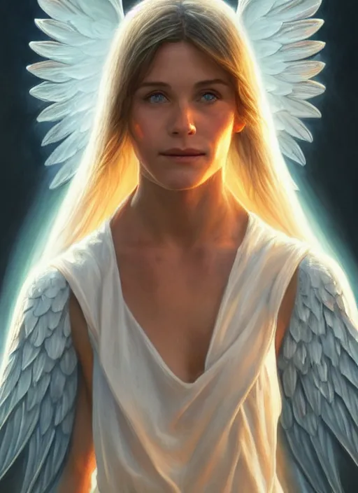 Image similar to cute young courtney cox as a heavenly angel, anatomy, bathed in light, highly detailed, photorealistic, artstation, smooth, sharp focus, illustration, unreal engine 5, 8 k, art by artgerm and greg rutkowski and edgar maxence