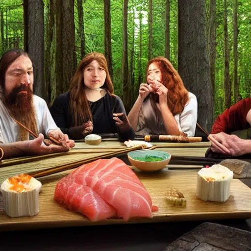 Image similar to neanderthal people eating sushi, surrounded by dinosaurs, gigantic forest trees