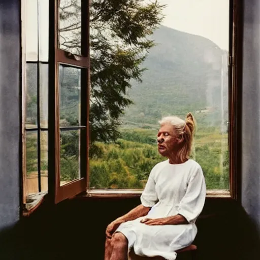 Image similar to A beautiful body art of of a woman with long curly hair, wearing a white dress and sitting in a chair in front of a window with a view of a mountainside. Tove Jansson by William Wegman harrowing
