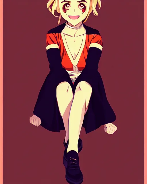 Image similar to full body beautiful anime witch Kiernan Shipka smiling, full body pose, symmetrical face symmetrical eyes, blurry background, Jamie McKelvie comic art, Alexandra Fomina artstation, face by Ilya Kushinov style, style by Loish, Norman Rockwell, painterly style, flat illustration