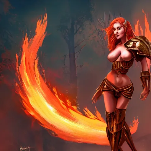 Image similar to Hot fire goddess, skin of flames, body made of fire, wearing armor, rampaging, stormy background, forest fire, breathing fire, fire in hand, concept art, tiny person watching, artstation, 4k