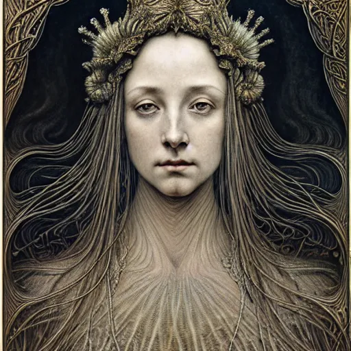 Image similar to detailed realistic beautiful young medieval queen face portrait by jean delville, gustave dore, iris van herpen and marco mazzoni, art forms of nature by ernst haeckel, art nouveau, symbolist, visionary, gothic, neo - gothic, pre - raphaelite, fractal lace, intricate alien botanicals, ai biodiversity, surreality, hyperdetailed ultrasharp octane render