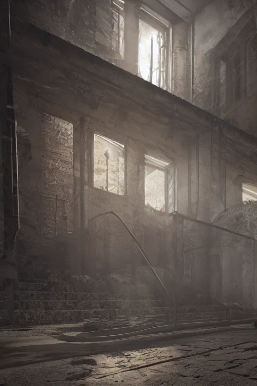 Image similar to Building from the inside, like a cross-section through a body, dark, moody, hyper-realistic environment,Epic concept art. bokeh, Octane render and Unreal Engine