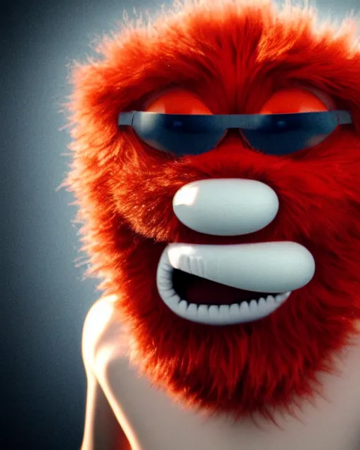 Prompt: 3 d render of completely red hairy friendly antropomorphic creature wearing chrome shades, without nose, shy smile, full body, standing on 2 feet, in the style of pixar, white background, unreal engine 5, octane render, highly detailed hdr