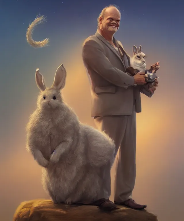 Prompt: kelsey grammer, cinematic, wearing a leisure suit, holding a rabbit, elegant, highly detailed, digital painting, artstation, smooth, hard focus, illustration, art by jessica rossier and and brian froud