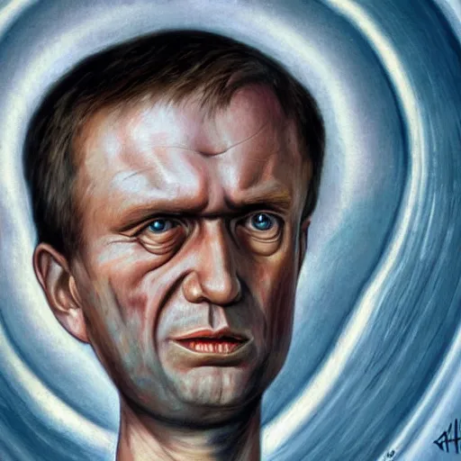 Image similar to Portrait by H.R.Giger of Alexei Navalny degraded abomination, photo-realistic, 2K, highly detailed