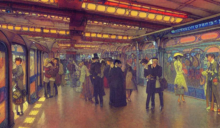 Prompt: A disco train station, by Moebius, Renoir, Mucha