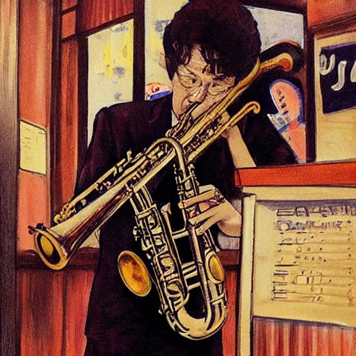 Image similar to saxophone player in a jazz cafe in tokyo by bernie wrightson