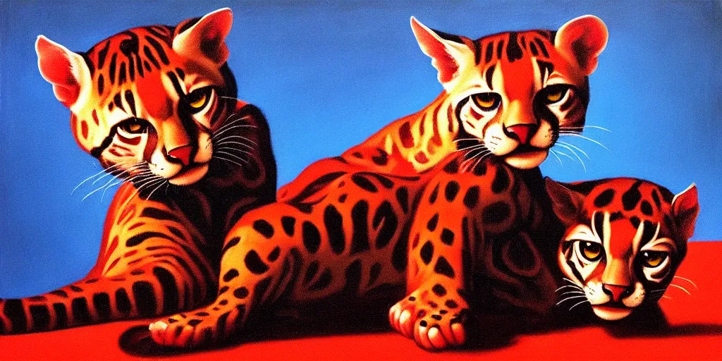 Image similar to ocelots in love, in the style of gottfried helnwein, high contrast chiaroscuro intricate composition, blue light by caravaggio, insanely quality, highly detailed, masterpiece, red light, artstation