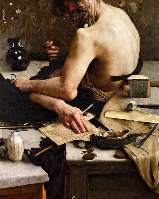 Image similar to an exhausted painter in his studio by edgar maxence and caravaggio and michael whelan, intricate painting, hyper realistic, extremely detailed and beautiful aesthetic face, 8 k resolution