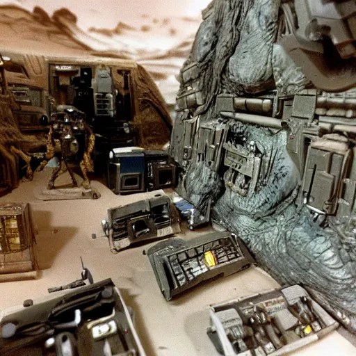 Image similar to a scene from behind the filming of aliens in 1 9 8 6, miniature sets of a sci - fi building cut into the wall of a mountain, detailed, miniature photography, futuristic