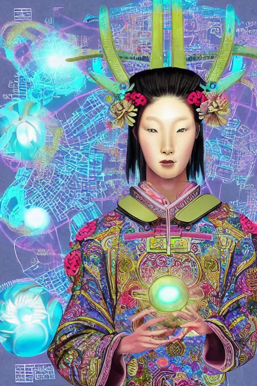 Image similar to opalescent retrofuturistic digital airbrush illustration of a samurai wearing an ornate microprocessor headpiece and holding a flower with a map of the collective subconscious in the background by luigi patrignani