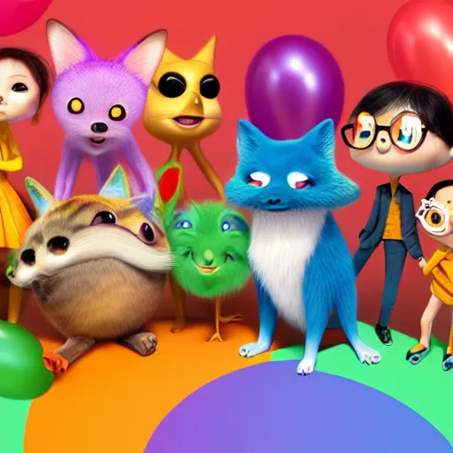 Prompt: a bunch of different colorsfoxes celebrating a birthday-party, isometric 3d, ultra hd, character design by Mark Ryden and Pixar and Hayao Miyazaki, unreal 5, DAZ, hyperrealistic, aquarel, octane render, cosplay, RPG portrait, dynamic lighting, intricate detail, summer vibrancy, fur HDR, cinematic