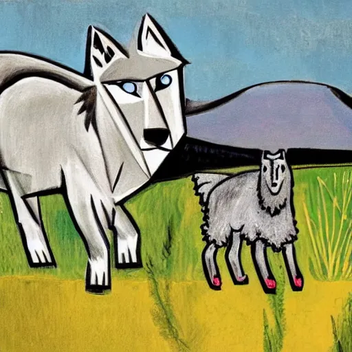 Prompt: A wolf stalking a sheep in a grassy field outside of a football stadium, in Picasso style