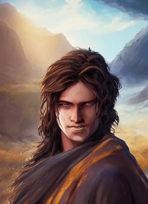 Image similar to An epic fantasy comic book style portrait painting of a young man with a long brown hair wearing a cloak that waves in the wind as he holds onto a stave in front of an epic fantasy landscape, unreal 5, DAZ, hyperrealistic, octane render, cosplay, RPG portrait, dynamic lighting