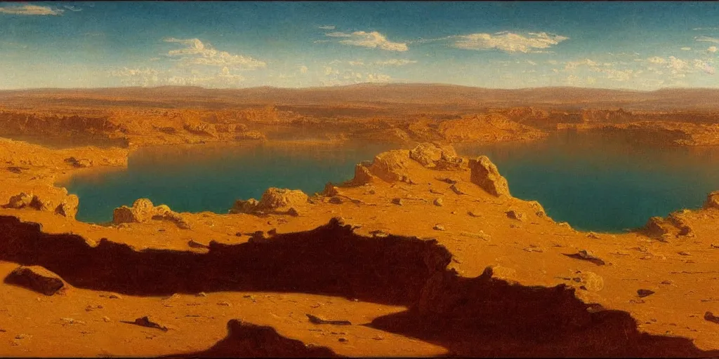 Image similar to lake in a desert, utah, aerial shot, cinematic lighting, midday, albert bierstadt