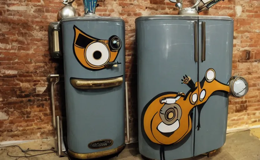 Prompt: an anthropomorphic steampunk mid century retro refrigerator with arms and legs and googly eyes running in the boston marathon