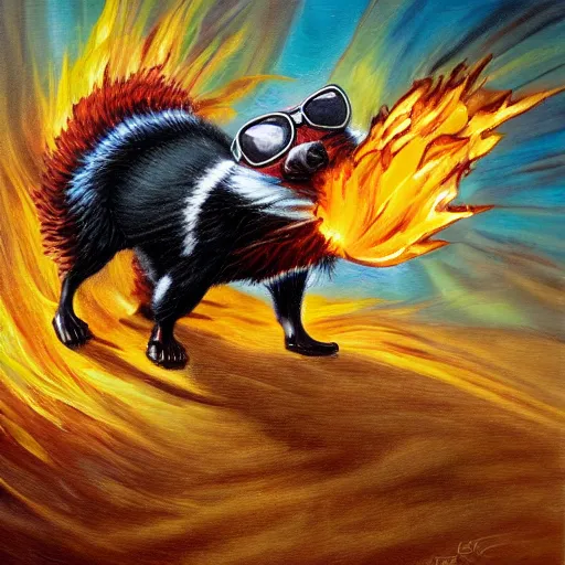 Prompt: skunk wearing shades, explosion behind it, walking confidently, oil painting, professional, highly detailed