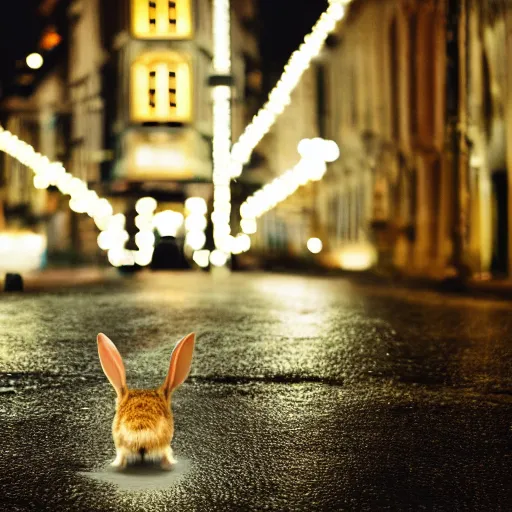 Image similar to lone rabbit in the middle of a street during a rainy night, lights, focused photo, low field of view, album cover