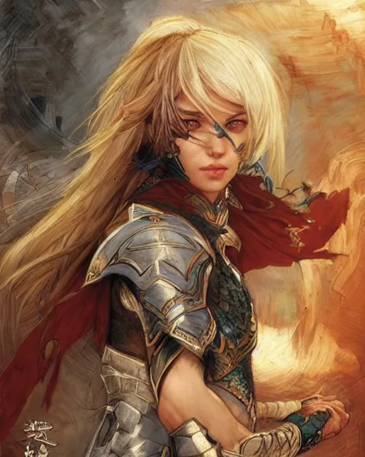 Image similar to a beautiful and strong female warrior by Ross Tran and Jules Bastien-Lepage and Laura Sava