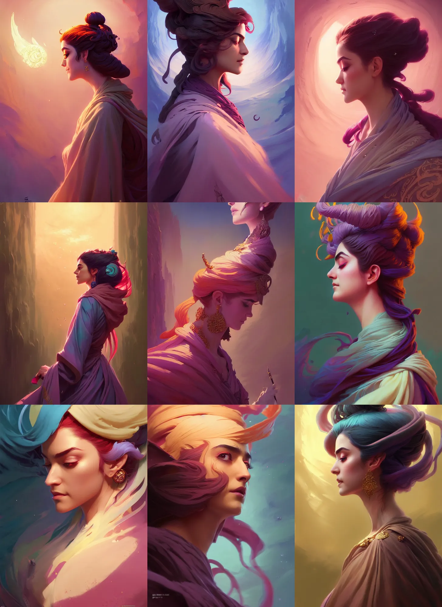 Prompt: side profile, maya ali mage, gloomhaven, robes, elegant, highly detailed, concept art, smooth, colorful swirly magic ripples, pastel colors, by huang guangjian, sachin teng, greg rutkowski, jesper ejsing, ilya kuvshinov, artgerm, mucha