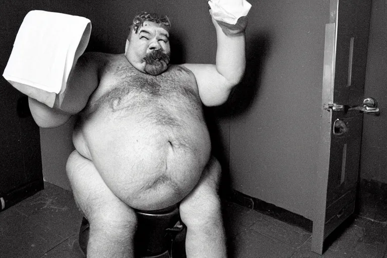 Prompt: 600 pound Dwarf smoking on the toilet
