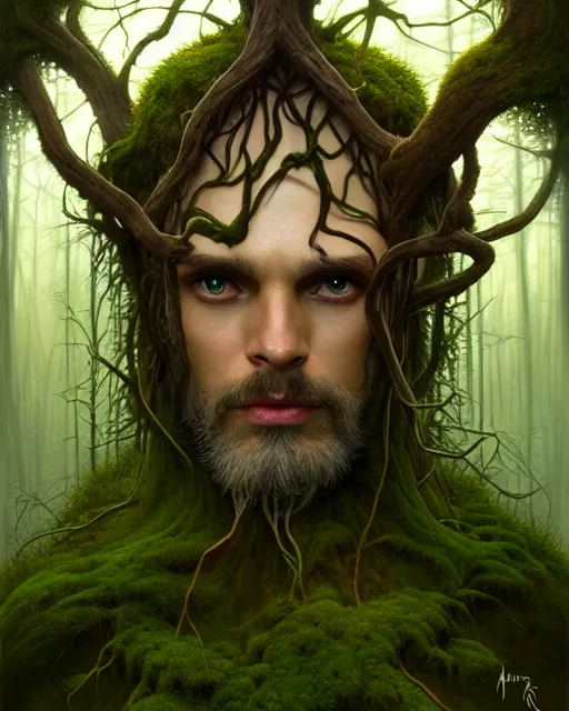Image similar to symmetry portrait of moss king of ent of fangorn forest, glam, fae, fireflies, forest background, intricate, elegant, highly detailed, digital painting, artstation, concept art, smooth, sharp focus, illustration, art by artgerm and greg rutkowski and fra angelico and alphons mucha