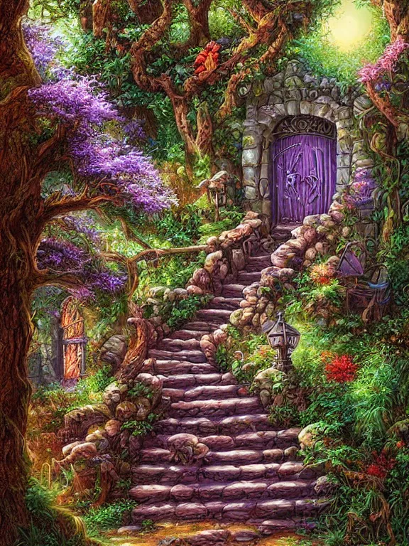 Prompt: digital painting detailed forest tree with door and stairs, magical forest flowers mushrooms painted by Ralph Horsley and dan mumford