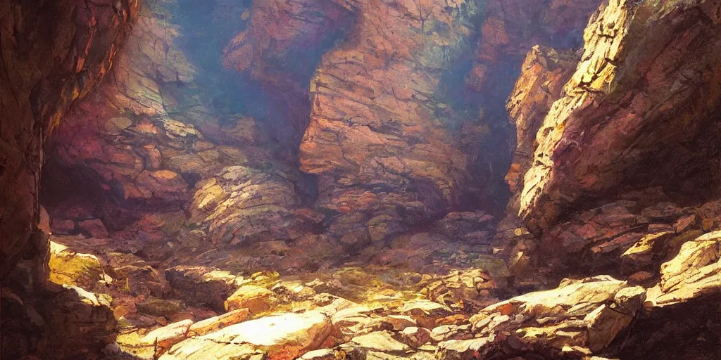 Image similar to painting of majestic rocky wall in a dark cave with rocky ground, art by james gurney and greg rutkowski, vivid colors