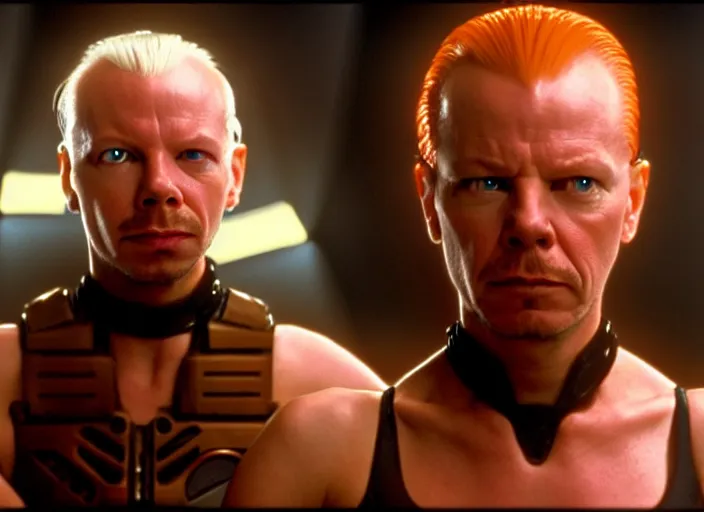 Image similar to still photo from the movie the fifth element, gary oldman, asymmetrical haircut, far future, highly detailed, trending on artstation, intricate, cinematic composition, by rutkowski