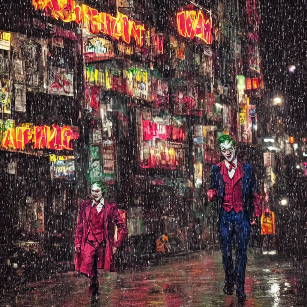 Image similar to flash photography of the joker on the lower east side by annie leibovitz, colorful!!, nighttime!, raining!