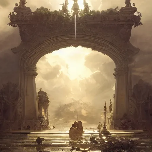 Image similar to the gates of heaven, volumetric lighting, 8 k octane beautifully detailed render, post - processing, extremely hyper detailed, intricate, epic composition, cinematic lighting, masterpiece, trending on artstation, masterpiece, stunning art by anders zorn, wonderful masterpiece by greg rutkowski,