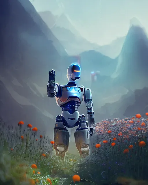 Prompt: friendly carrot cyborg, robocop, scifi farm, morning light, aura of carrots, weather station, flowers, cinematic, mountains, epic design, atmosphere, welcoming smile, high quality, perfect, 8 k high detail, masterpiece, trending on artstation, by akihiko yoshida, marco plouffe