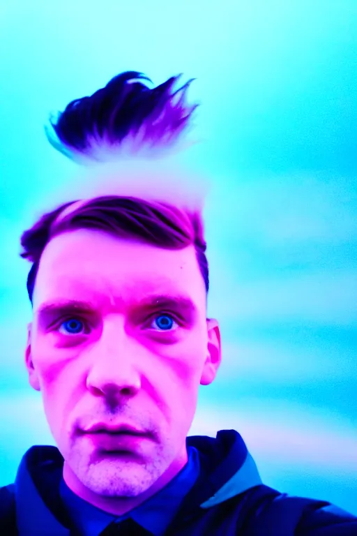 Prompt: high quality pastel coloured film wide angle selfie photograph of a plain male cyber boy standing in an icelandic black rock environment. sarcastic expression. three point light. photographic. art directed. pastel colours. volumetric light. stark. waves glitch. 8 k. filmic.