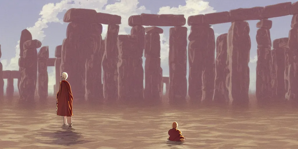 Prompt: a realistic cell - shaded studio ghibli concept art from paprika ( 2 0 0 6 ) of a flying intelligent dull mechanical octopus from close encounters of the third kind ( 1 9 7 7 ) in a flooded monument valley stonehenge. a monk in a robe is meditating in the foreground. very dull colors, wide shot, hd, 4 k, hq