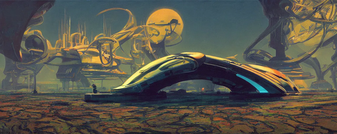 Prompt: Alien Spaceship designed by syd mead, by Simon Stålenhag and Claude Monet, oil on canvas