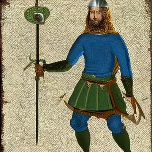 Prompt: an olive skinned, fierce, medieval stout knight with a blue tunic over chainmail, green pants with a black leather belt and a coin pouch, holding a blue kite shield with fleur - de - lis symbols, holding a short sword in an arena, real life, gladiator