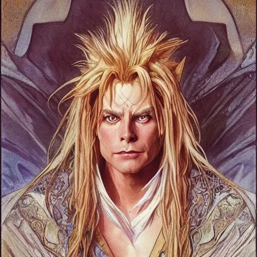 Image similar to amazing lifelike award winning pencil illustration of jareth the goblin king trending on art station artgerm Greg rutkowski alphonse mucha cinematic