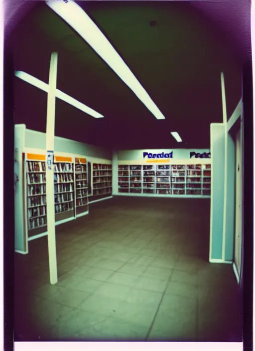 Image similar to polaroid photograph of the inside of an empty blockbuster store, liminal space, familiar place, mannequins, black mold, amateur, 3 5 mm, raw, 4 k, hd